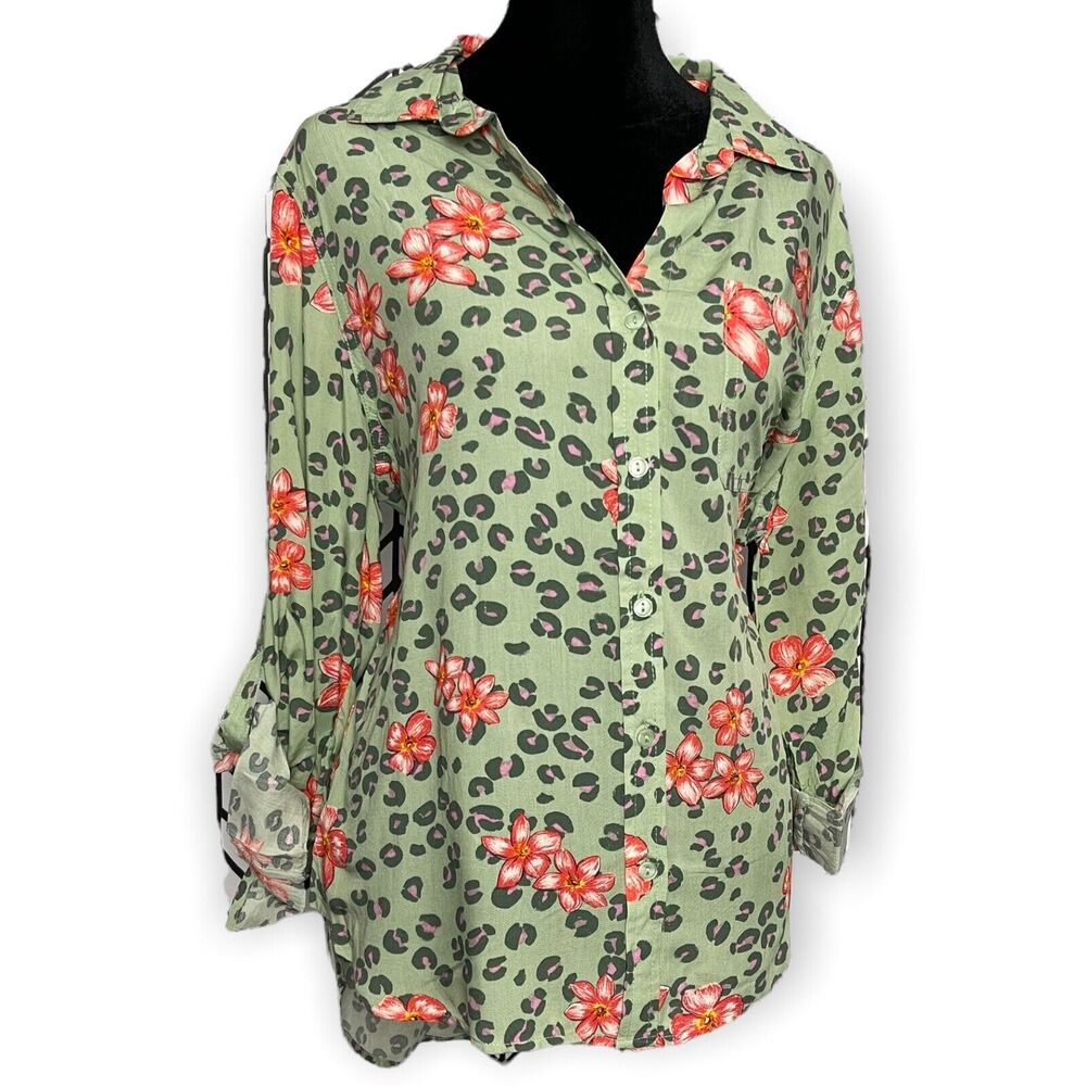 Velvet Heart Button Up Shirt Womens Large Mint Green Animal Floral Print Top New